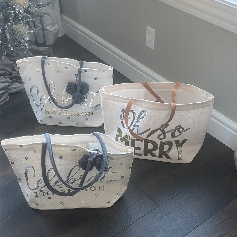 Mud Pie Festive Canvas Tote Bags set with Holiday Sequin Text totally of 3
